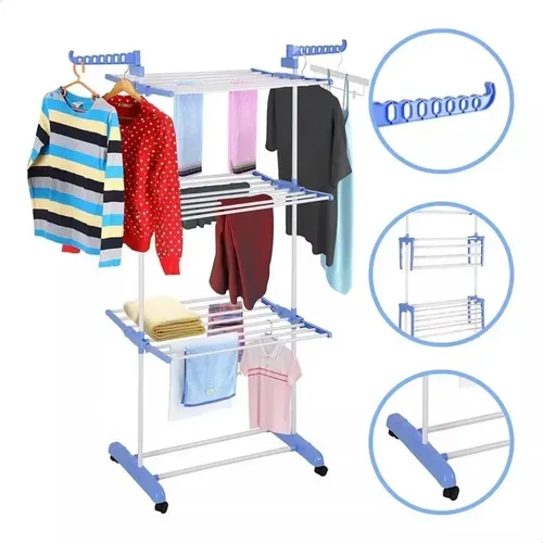 Varal De Chão Grande De Roupas 3 Andares Dobrável Cor Azul Kontuz 170 cm - R$ 72,9