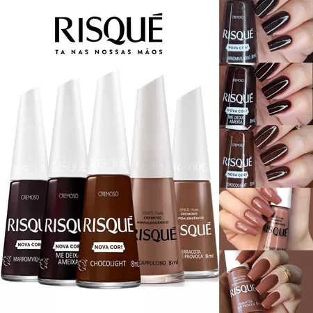 Kit 5 Esmaltes Risqué Novas Cores Cremosas Tons Terrosos Marrom Nude Esmalte Atacado