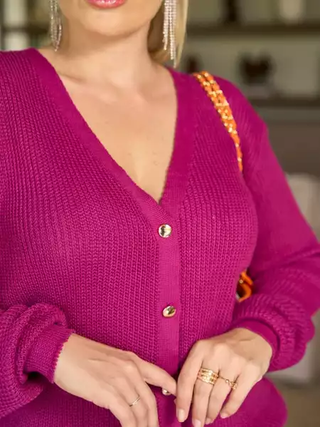 Cardigan Feminino Tricot Manga Longa Botões Dourados Inverno Elegante