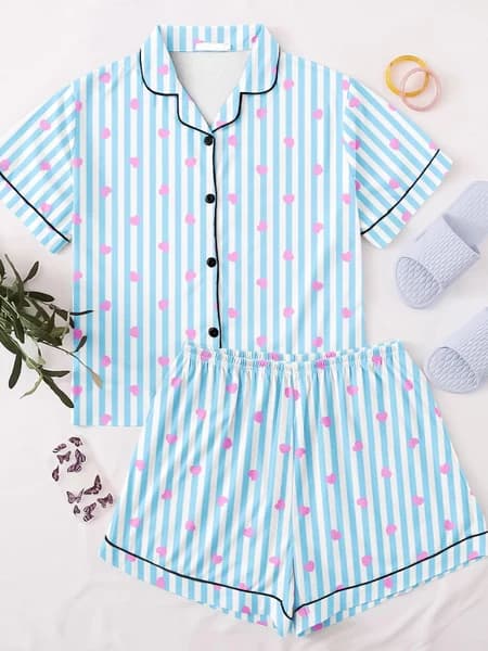 Pijama de Botão Americano Feminino Blogueira Estiloso Temático Meia Manga Short Doll Fofo